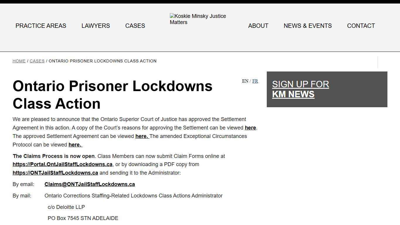 Ontario Prisoner Lockdowns Class Action - Koskie Minsky LLP