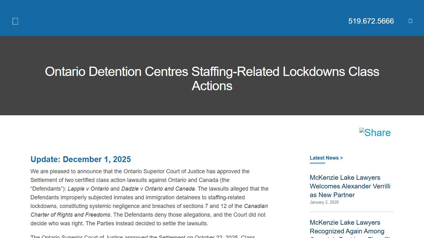 Ontario Detention Centres Staffing-Related Lockdowns Class Actions - McKenzie Lake Lawyers LLP